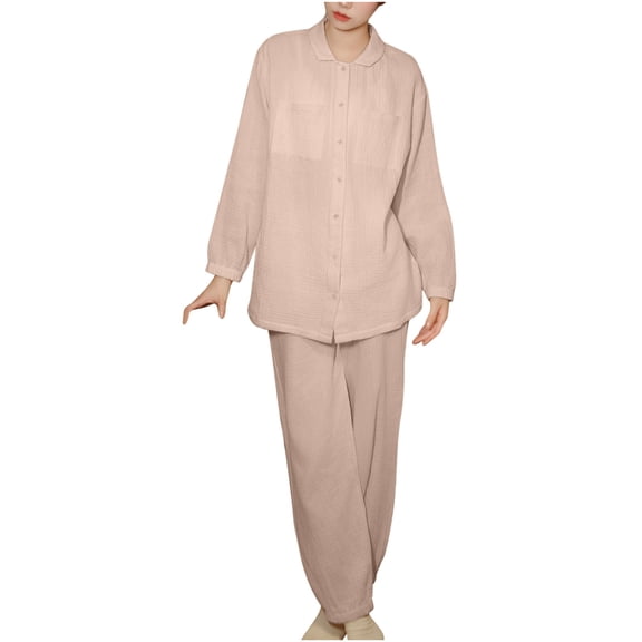 HUJlwoi Button down Pajama Sets Women Long Sleeve 2 Piece Pj Sets Basic Solid Color Tops and Long Pants Sleepwear Outfits with Pocket