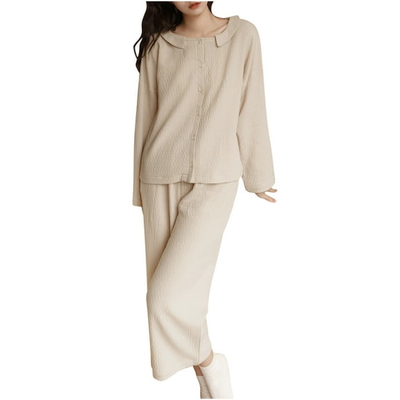 HUJlwoi Button down Pajama Sets Women Long Sleeve 2 Piece Pj Sets Basic Solid Color Tops and Long Pants Sleepwear Outfits with Pocket