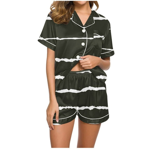 HUJlwoi Button down Pajamas Sets Stripe 2 Piece Pj Sets Short Sleeve Pocket Sleepwear Shorts Lounge Sets Classic Printed Summer Nightwear