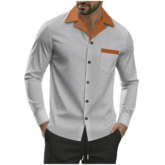 HUJlwoi Button down Shirt Men Color Block Long Sleeve Lapel Knit Tops with Pocket Casual Fall Fashion Outfit Winter Clothes