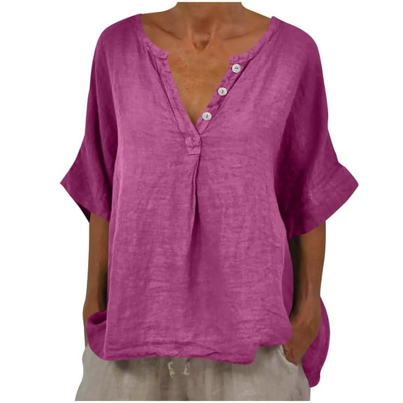 HUJlwoi Button down Shirts for Women Cotton Linen V-Neck Half Sleeve Casual Tops Loose Fit Solid Color Tees Summer Vacation Clothes