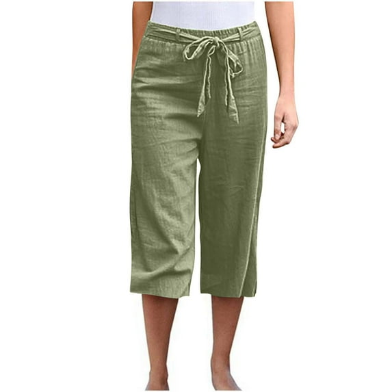 HUJlwoi Capri Pants for Women Drawstring High Waisted Cotton Linen Pants Casual Breathable Trousers Summer Clothes S-5XL