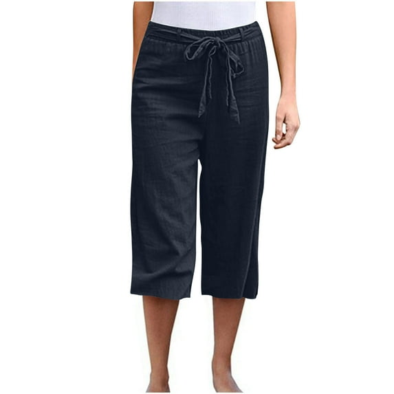 HUJlwoi Capri Pants for Women Drawstring High Waisted Cotton Linen Pants Casual Breathable Trousers Summer Clothes S-5XL