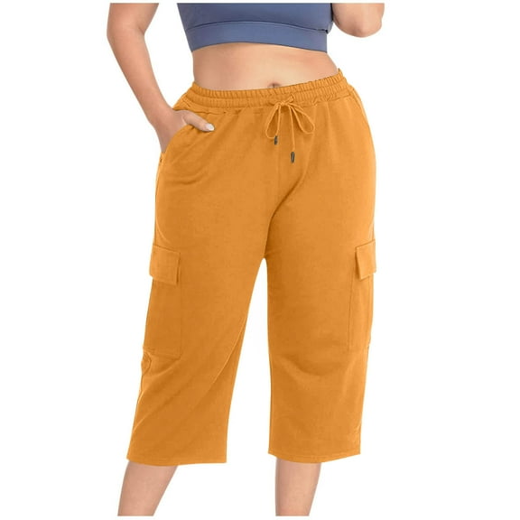 HUJlwoi Capri Pants for Women Plus Size Lightweight Elastic Waist Sweatpants Outdoor Athletic Stretchy Pockets Cargo Pants