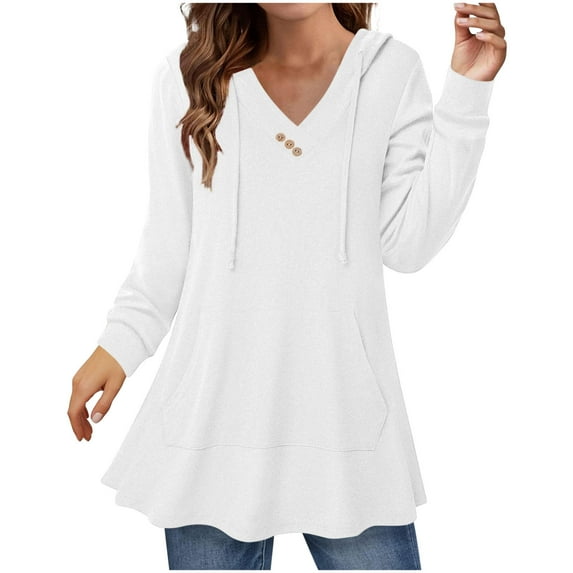 HUJlwoi Casual Tops for Women Drawstring Solid Color Hooded Blouse with Pocket Loose Long Sleeve Button Curved Hem Shirts