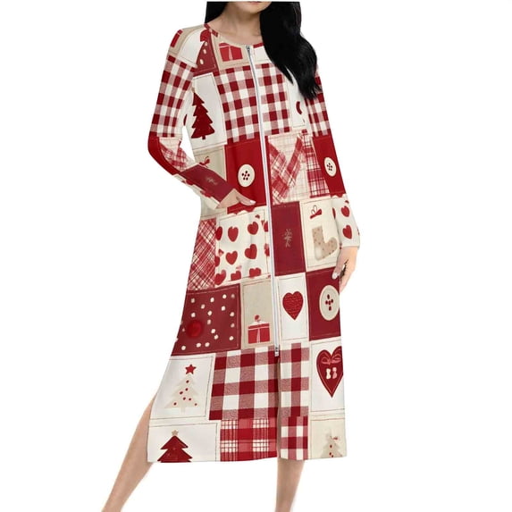 HUJlwoi Christmas Nightgowns for Women Print Round Neck Bathrobe Long Sleeve Zipper Front Sleepwear Side Split Pajama Dress