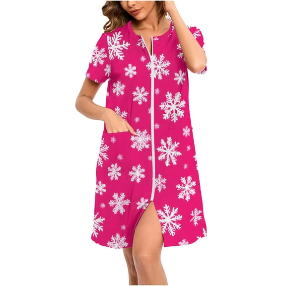 HUJlwoi Christmas Robes for Women Printed Short Sleeve Nightgowns with Pockets Zipper Front Bathrobes Loose Housecoat