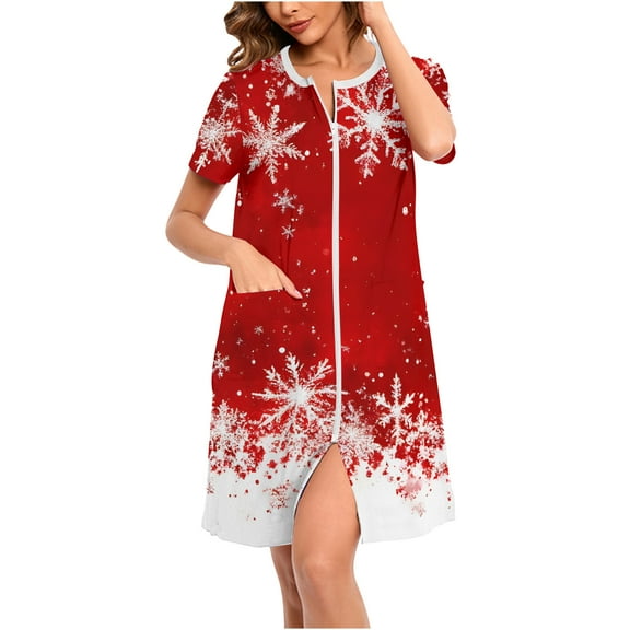 HUJlwoi Christmas Robes for Women Printed Short Sleeve Nightgowns with Pockets Zipper Front Bathrobes Loose Housecoat
