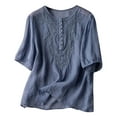thumbnail image 1 of HUJlwoi Cotton Linen Tops for Women Short Sleeve Round Neck Embroidered T Shirts Elegant Trendy Summer Clothes Loose Tee, 1 of 6