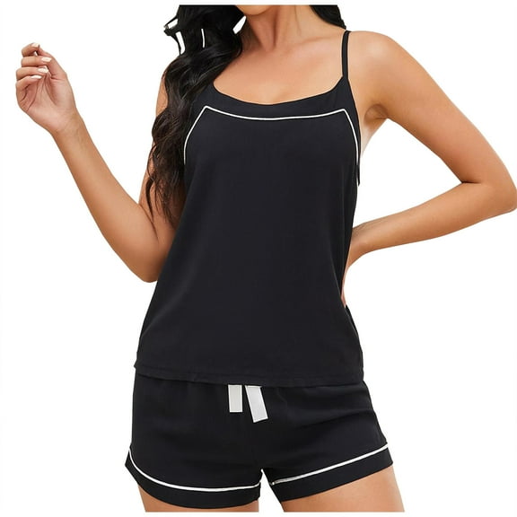 HUJlwoi Cotton Lounge Sets for Women Spaghetti Strap Pajama Sets Sleeveless Cami Pjs Sets Summer Two Piece Backless Lightweight Sleepwear