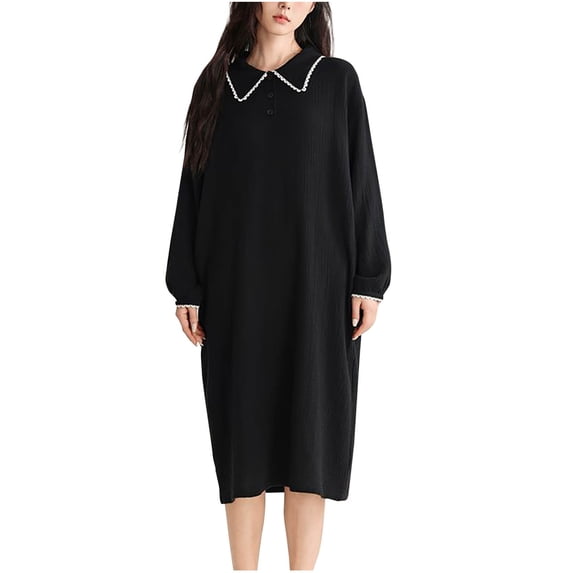 HUJlwoi Cotton Nightgowns for Women Babydoll Collar Long Sleeve Casual Sleepshirts Comfy Breathable Nightwear with Pockets