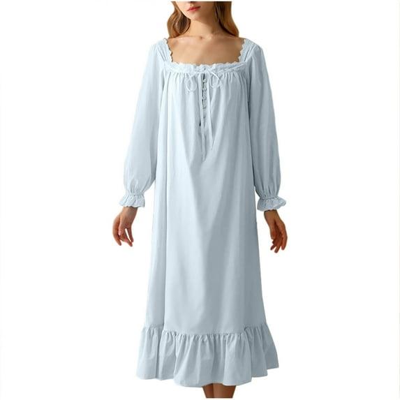 HUJlwoi Cotton Nightgowns for Women Long Sleeve Square Neck Sleepshirt Loose Ruffle Full Length Nightdress Long Sleepwear