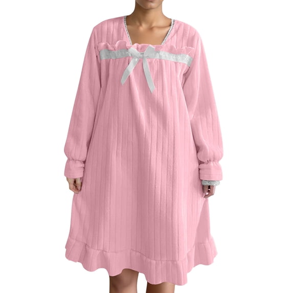 HUJlwoi Flannel Nightgowns for Women Fluffy Long Sleeve Sherpa Sleepwear Knee Length Ruffle Nightshirts Warm Winter Loungewear