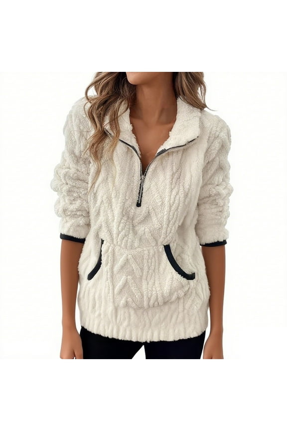 Fuzzy Pullover Sweatshirts for Women Cozy Half Zip Lapel Long Sleeve Tops with Pocket Fluffy Loungewear Warm Winter Blouse