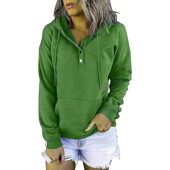 HUJlwoi Hooded Sweatshirt Women Casual Buttons Drawstring Long Sleeve Tops Loose Comfy Pullover Outfits with Pockets