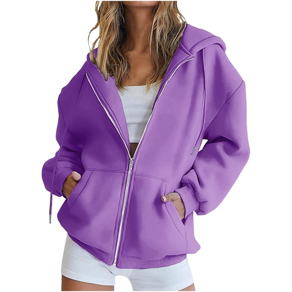 HUJlwoi Jackets for Women Drawstring Long Sleeve Loose Hooded Tops Outdoor Workout Clothes Zip up Outerwear Coat with Pocket
