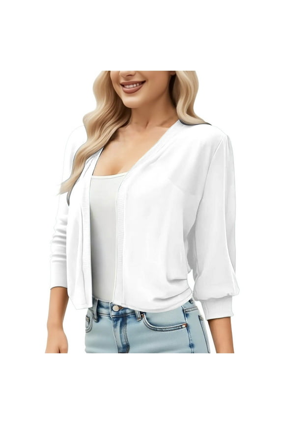 Lightweight Cardigans for Women Solid Color Cropped Open Front Chiffon Tops 3/4 Sleeve Soft Comfy Outerwear Coat
