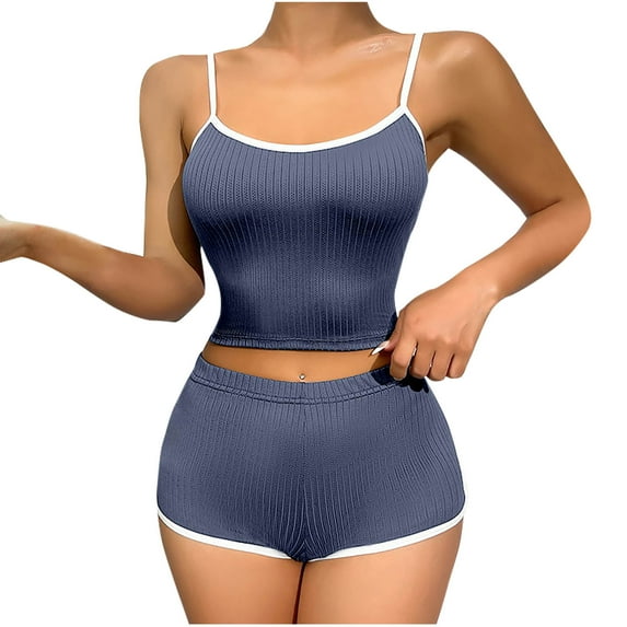 HUJlwoi Lightweight Summer Lounge Sets for Women Ribbed Spaghetti Strap Cami Shorts 2 Piece Pajama Sets Crop Sleeveless Sleepwear Sets