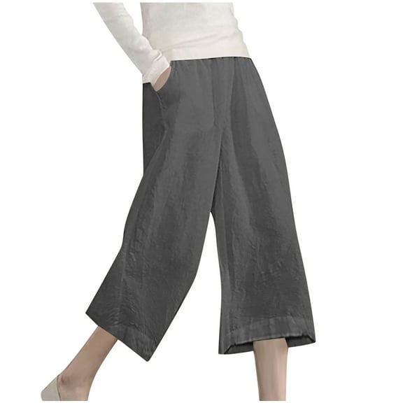 HUJlwoi Linen Pants Women Lightweight Casual Elastic Waist Capri Pants with Pockets Thin Breathable Trousers Summer Outfits