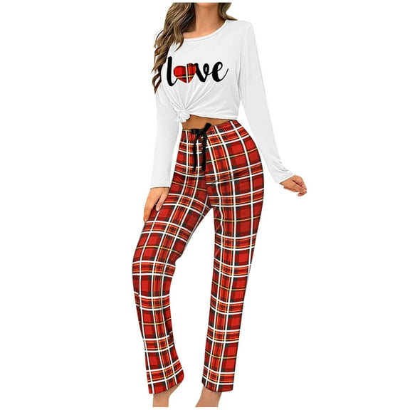 HUJlwoi Long Sleeve Pajama Sets for Women Letter Printed Shirts and Plaid Long Pants Sleepwear Spring Fall Ladies Lounge Pj Sets