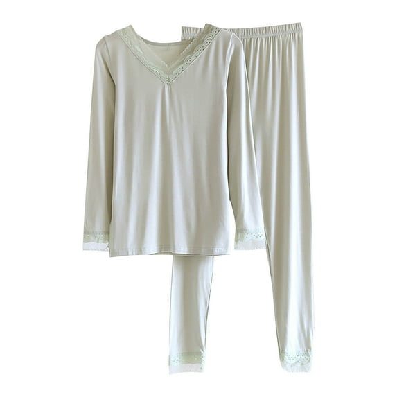 HUJlwoi Long Sleeve Pajama Sets for Women Modal Lace Trim 2 Piece Pj Sets V-Neck Tops and Pants Loungewear Sets Solid Color Sleepwear Outfits