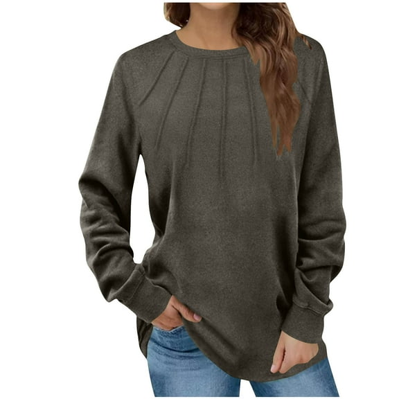 HUJlwoi Long Sleeve Tops for Women Dressy Casual Round Neck Basic Pleated Sweatshirt Loose Solid Color Blouses Pullover Fall Outfits