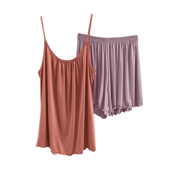 HUJlwoi Lounge Sets for Women 2 Piece Modal Spaghetti Strap Camisole and Shorts Pajama Suit Trendy Pleated Sleeveless Casual Sleepwear