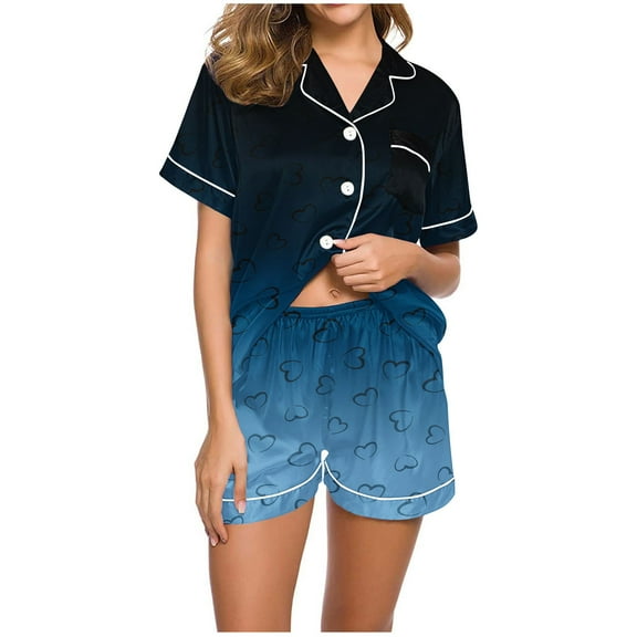HUJlwoi Lounge Sets for Women Gradient Heart Printed Fashionable Sleep Shirts and Shorts Button down Short Sleeve Pocket 2 Pieces Pajama Suits