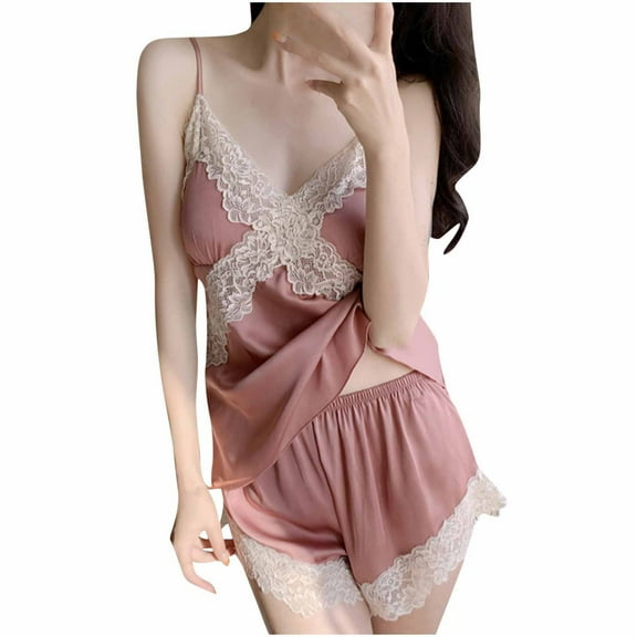 HUJlwoi Lounge Sets for Women Spaghetti Strap Lace Pjs Sleepwear 2 Piece Camisole and Shorts Pajama Suit Fashionable Lightweight Loungewear