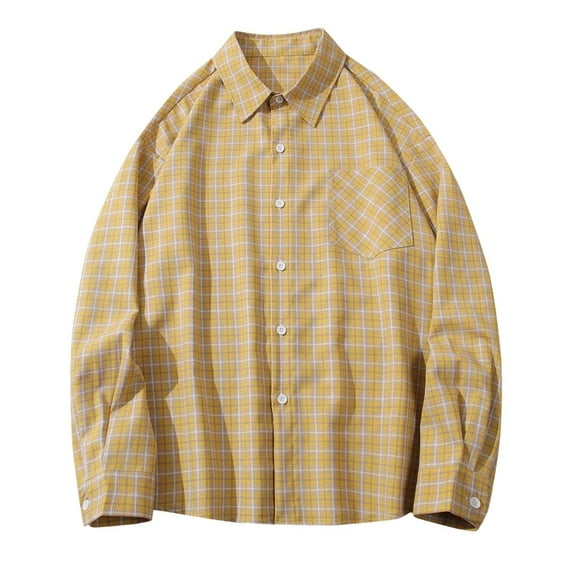 HUJlwoi Mens Button Down Shirt Lightheight Fashion Long Sleeve Plaid Shirt Coat Casual Loose Lapel Top Outerwear M-XXL