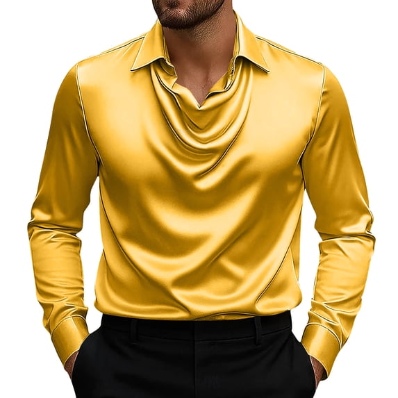 HUJlwoi Mens Satin Silk Shirts Cowl Neck Long Sleeve Soft Comfy Top Casual Vintage Party Wedding Shirt Trendy Outfit