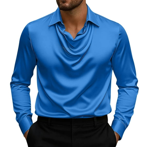 HUJlwoi Mens Satin Silk Shirts Cowl Neck Long Sleeve Soft Comfy Top Casual Vintage Party Wedding Shirt Trendy Outfit
