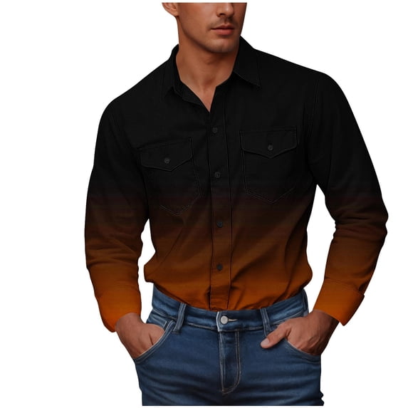 HUJlwoi Mens Shirts Jacket Trendy Gradient Button Down Shirt Lapel Double Pocket Tops Casual Long Sleeve Shacket Clothes