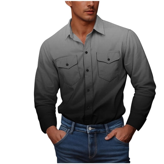 HUJlwoi Mens Shirts Jacket Trendy Gradient Button Down Shirt Lapel Double Pocket Tops Casual Long Sleeve Shacket Clothes