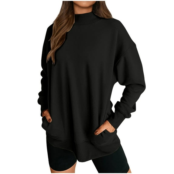 HUJlwoi Mock Neck Tops for Women Casual Trendy Long Sleeve Sweatshirt with Pocket Solid Color Loose Pullover Fall Fashion Outfits