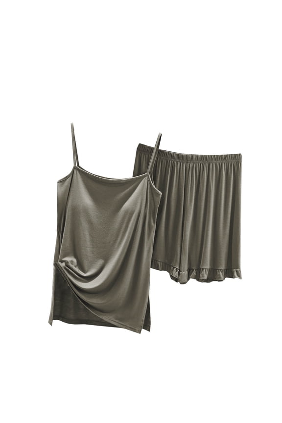 Modal Lounge Sets Side Slit Cami Tops with Ruffle Shorts 2 Piece Pj Sets Spaghetti Strap Sleeveless Solid Color Pajama Sets