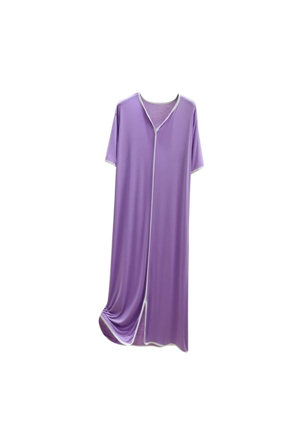 Modal Nightgown for Women Front Slit Long Sleepshirt Loose Short Sleeve Soft Night Shirt Comfortable V-Neck Nightie