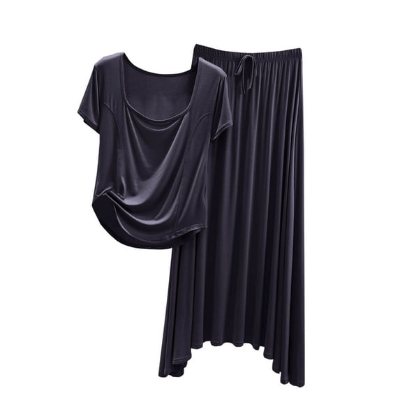 HUJlwoi Modal Pajama Sets for Women Short Sleeve Scoop Neck Top and Long Skirt 2 Piece Loungewear Solid Color Loose Fit Pj Sets
