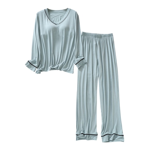 HUJlwoi Modal Pajama Sets for Women with Chest Pad Basic Lounge Pj Sets Soft Long Sleeve V- Neck Sleepwear Outfits Spring Fall
