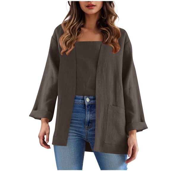 HUJlwoi Open Front Cardigan for Women Long Rolled Sleeve Soft Outerwear Cotton Linen Tops with Pocket Fall Fashion Coat