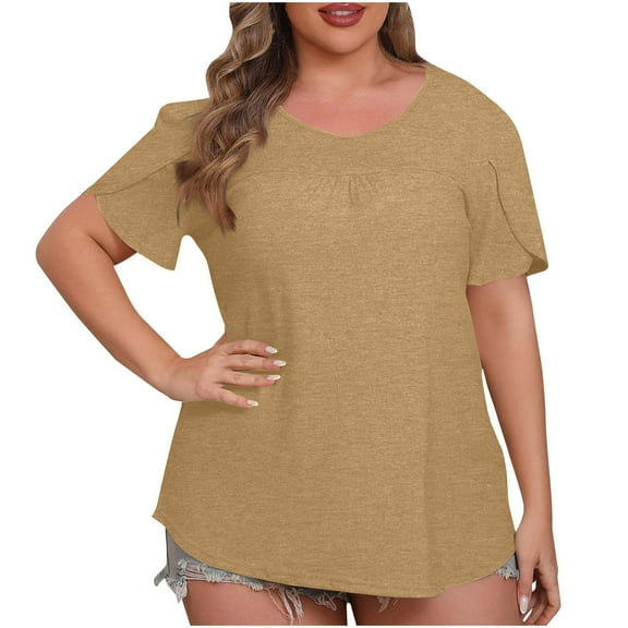 HUJlwoi Oversized Tshirts for Women Crew Neck Petal Sleeve Trendy Tops Ruched Loose Fit Tunic Solid Color Summer Clothes