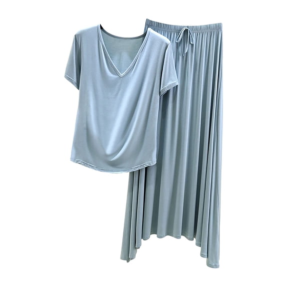 HUJlwoi Pajama Set for Women Modal Short Sleeve Tops Long Skirts Pjs Set 2 Piece Loungewear Soft Comfy Set Solid Color Sleepwear Matching Clothing