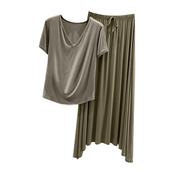 HUJlwoi Pajama Set for Women Modal Short Sleeve Tops Long Skirts Pjs Set 2 Piece Loungewear Soft Comfy Set Solid Color Sleepwear Matching Clothing