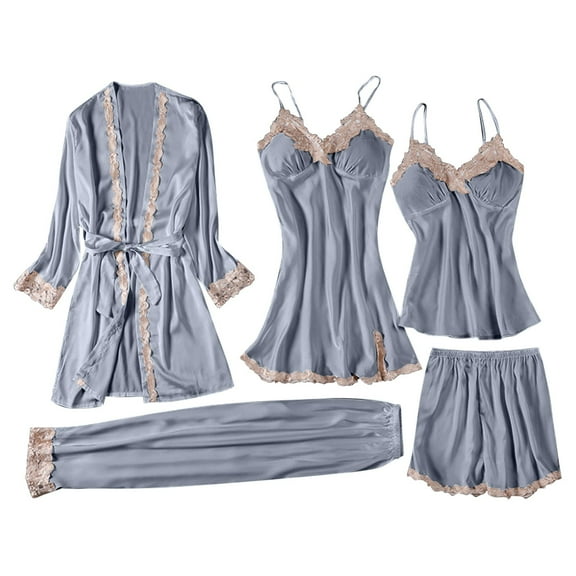 HUJlwoi Pajama Sets Women Lace Trim 5 Piece Lounge Clothes Sets Nightgown Cami Shorts and Pant Sleepwear Matching Sets with Robe