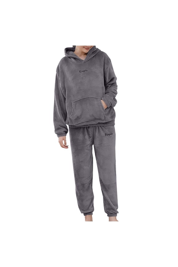 Pajama Sets for Women 2 Piece Outfits Fluffy Fleece Hooded Pullover Pants Pj Set Thermal Cozy Loungewear Tracksuits