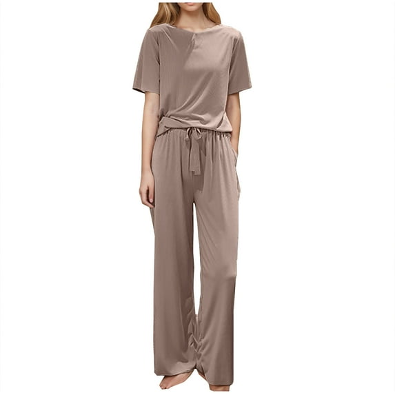 HUJlwoi Pajama Sets for Women 2 Piece Oversized Solid Color Lounge Shirts and Pants Basic Cozy Short Sleeve Crew Neck Sleepwear 2025