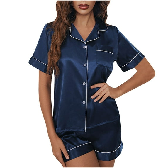 HUJlwoi Pajama Sets for Women Button down Shirts with Pocket Classic Loungewear Short Sleeve Tops Shorts Solid Color Laidies Pj Sets