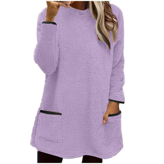 HUJlwoi Pajama Tops for Women Fuzzy Fleece Cozy Crew Neck Sherpa Pullover Fluffy Warm Winter Loungewear with Pockets