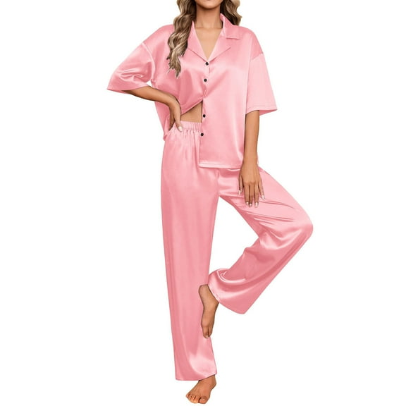 HUJlwoi Pajamas Sets for Women Satin Basic Outfits Button down Silk Pjs Sets Short Sleeve Lounge Sets Solid Color 2 Piece Sleepwear