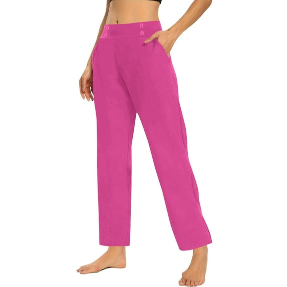HUJlwoi Pants for Women Elastic Waist Straight Leg Fitted Yoga Pants with Button Soft Comfy Workout Gym Pockets Trousers